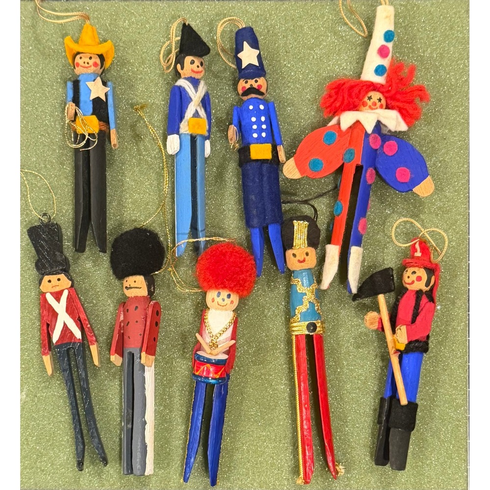Vintage Handpainted Clothespin Doll Ornaments Multicolor 9pc Set